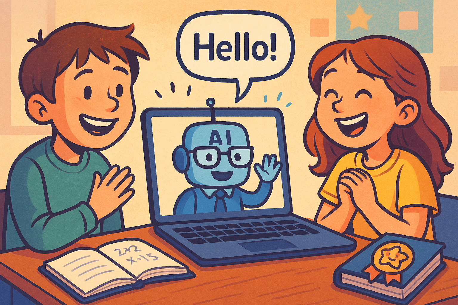 An AI BloxDude (Robot) hays hello to engaged kids, learning from home.