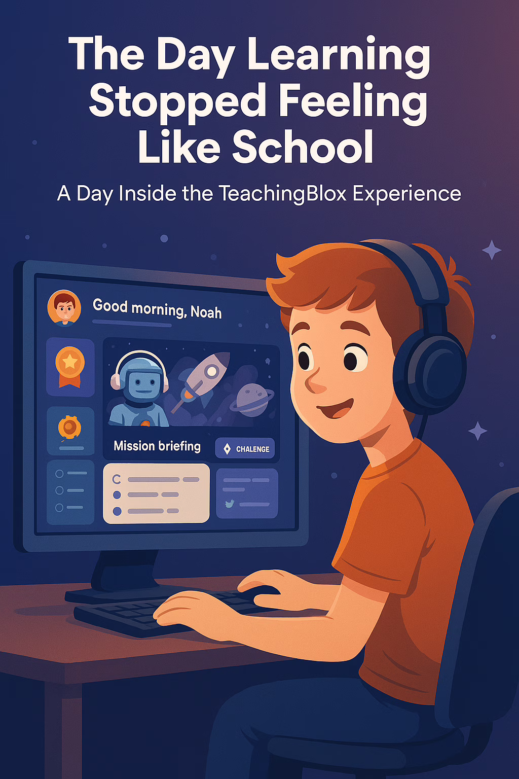 A young boy wearing headphones engages with an AI-powered science lesson on a computer, featuring space-themed visuals and interactive mission content.