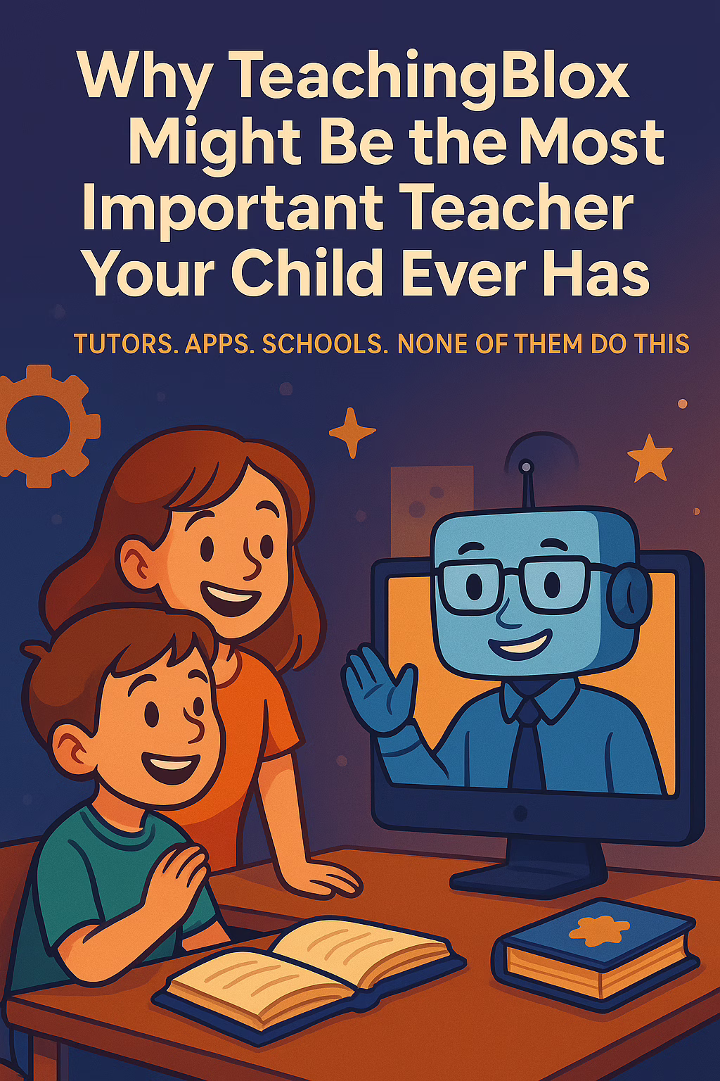 Two children smile as they engage with a friendly AI teacher on a computer screen, under a headline that reads, “Why TeachingBlox Might Be the Most Important Teacher Your Child Ever Has.”